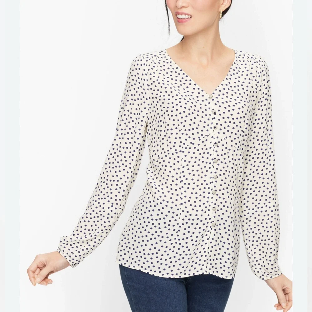 Talbots 14 Cream w/ Navy Scattered Dots Button Up Blouse Top Shirt